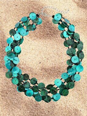 Teal Blue Shell Statement Necklace 5 Strand Boho Chic Jewelry New